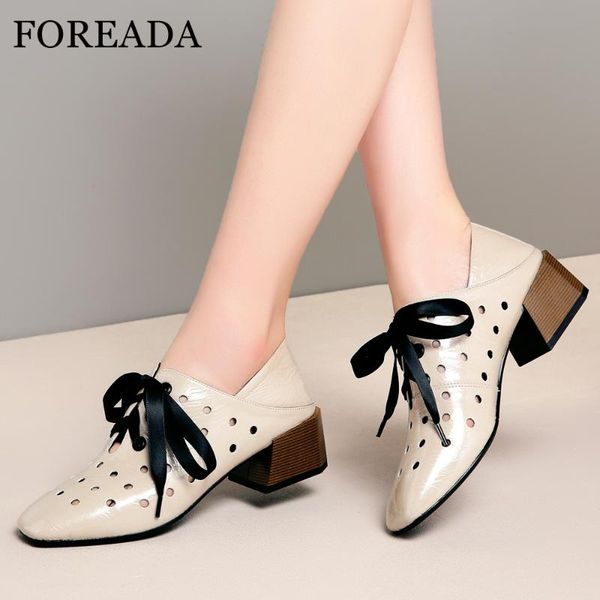

dress shoes foreada women high heels natural genuine leather cutout thick ribbon lace up square toe pumps ladies size 4, Black