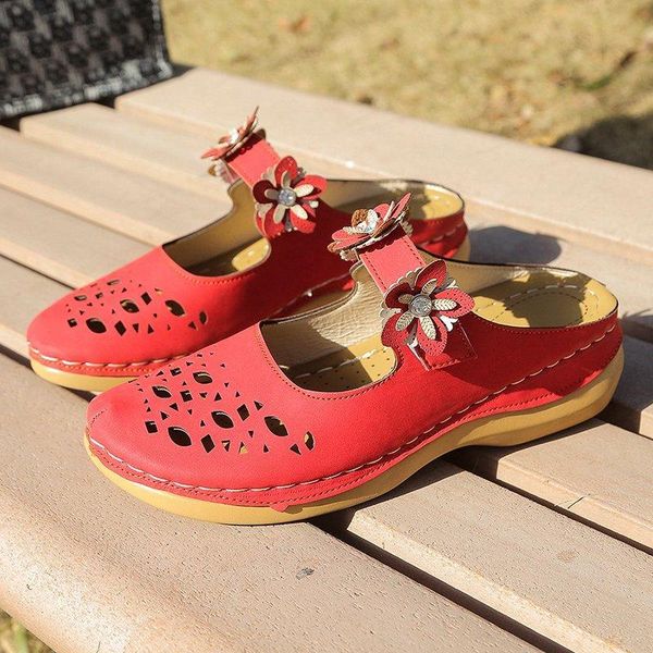 

women flat sandals hollow out retro flower flip flops round toe ladies shoes plus size43 super soft female buckle slippers 2021, Black
