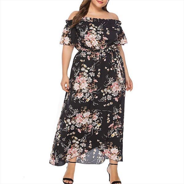 

plus size draw back floral women dress printed short sleeve one shoulder vestidos de verano free, Black;gray