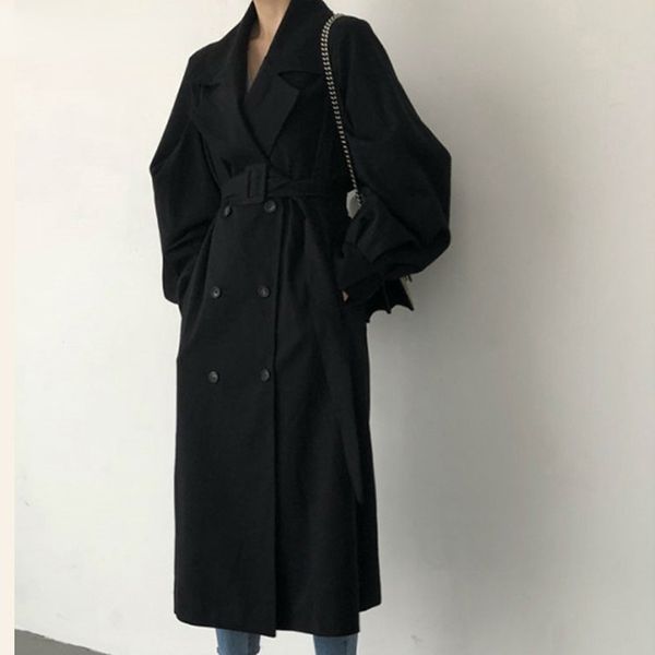 

2021 Winter Long Coat Women Turn-down Collar Trench Coats Stylish Double Breasted Sashes Oversized Female Windbreaker, Tan;black