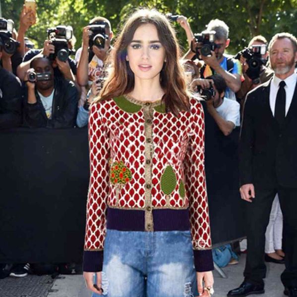 

runway cardigan 2021 autumn women sweater jacket long sleeve leaves trees knitted pattern coat w155, White;black