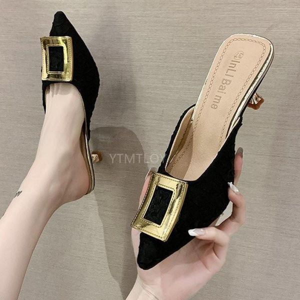 

slippers fashion bling metal buckle women shoes mules female pointed toe casual zapatillas mujer casa flip flop, Black