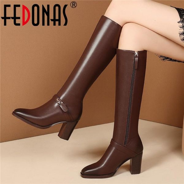 

fashion tight high boots women genuine leather thick heels shoes woman metal rivets concise working knee, Black