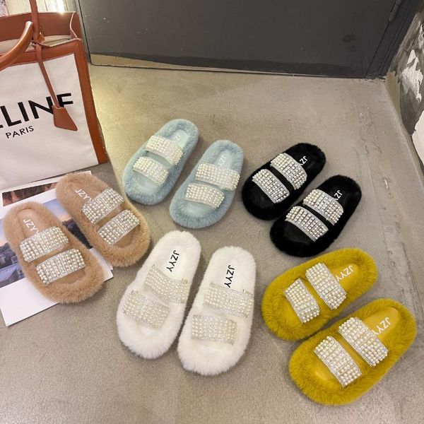 

slippers 2021 autumn and winter women transparent pearl ins wind casual fashion ladies shoes peep toe flat, Black