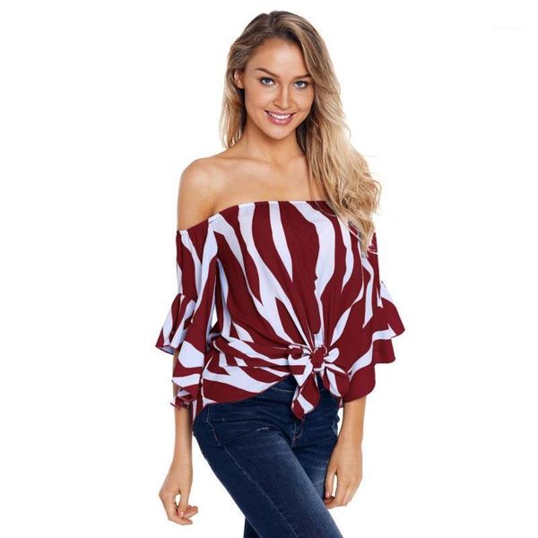 

style women's summer blouse, strapless, one-necked shirt, five-minute flared sleeve striped shirt blouses & shirts, White