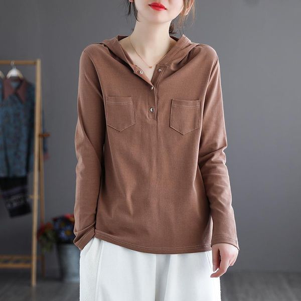 

women's t-shirt women hooded t shirt loose long sleeve v neck solid retro vintage casual female tshirt tees for spring b04111824, White