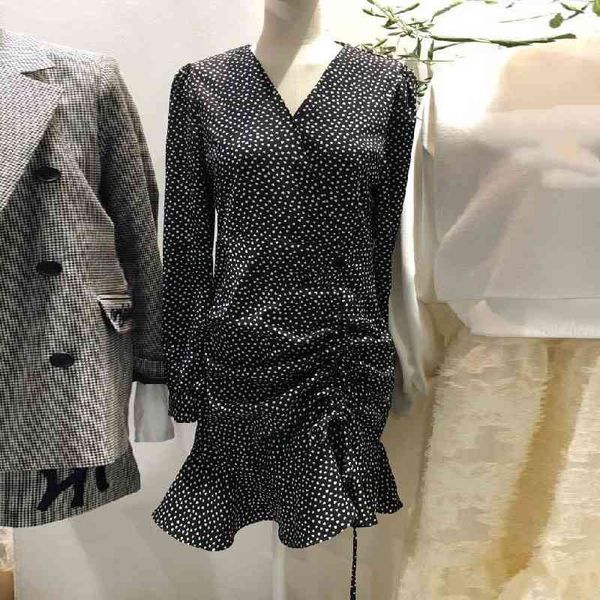 

spring vintage dot folds dresses for women elegant ruffles design vestidos mujer korean long sleeve femme robe 210514, Black;gray