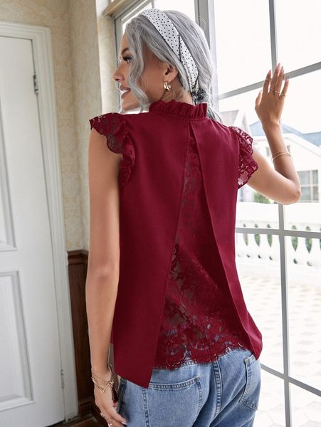 

contrast lace notch neck blouse x79z#, White
