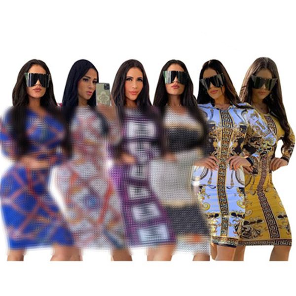 

womens embroidery printing dresses fashion trend long sleeve round neck skinny short skirts designer female spring casual slim hips dress j2, Black;gray