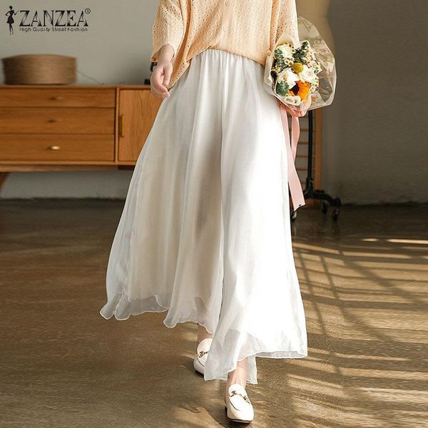 

women's pants & capris casual high elastic waist trouser plus size 2021 stylish wide leg zanzea solid chiffon trousers womens elegant, Black;white