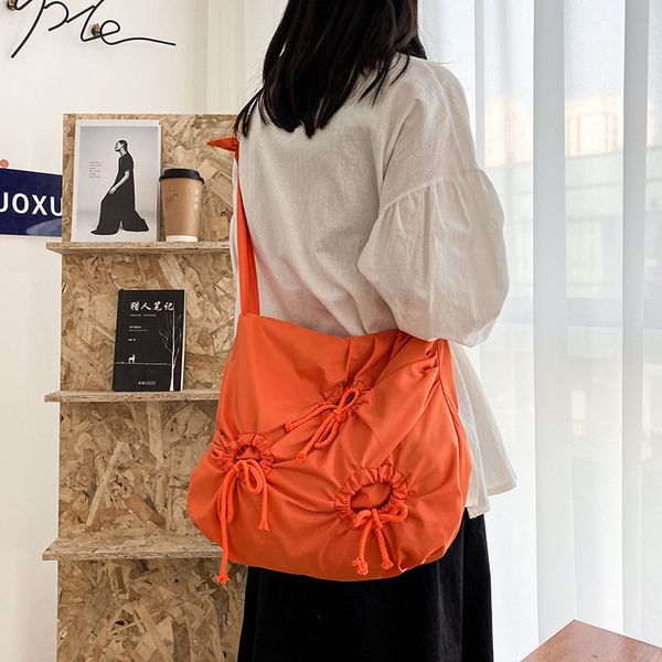 

women cool niche drawstring folds personality design casual cloth bag large-capacity one-shoulder street messenger nylon trendy otlsi