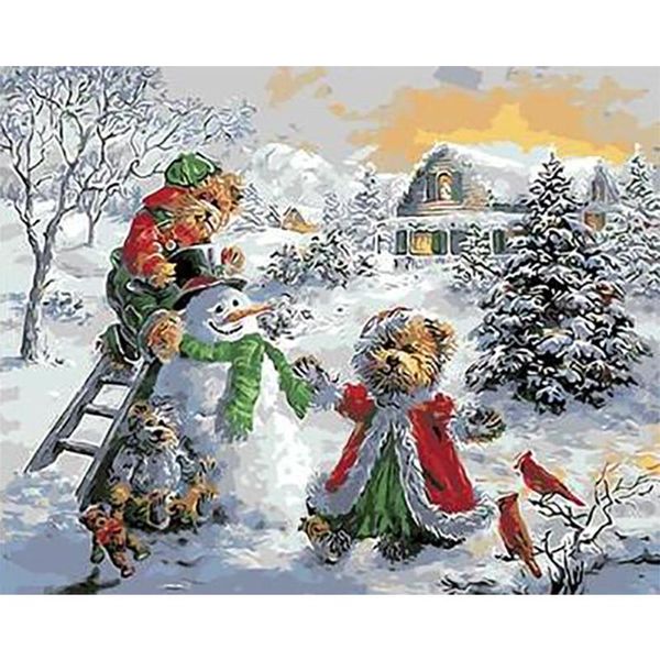 

paintings digital oil painting diy picture three happy snowman bears home decoration christmas art gifts