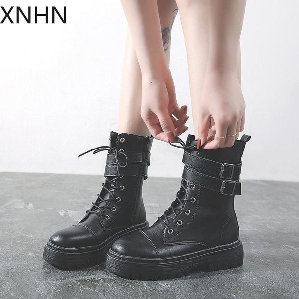 

boots xnhn genuine leather ankle women classic matin fashion winter lace up high casual waterproof shoes female black