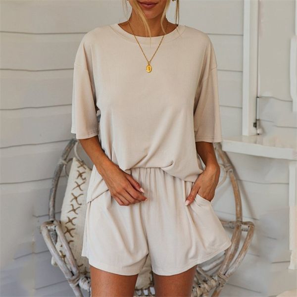 

foridol casual shorts sets women two piece shorts sets summer autumn loose wide leg shorts sets lounge wear matching set 210415, White