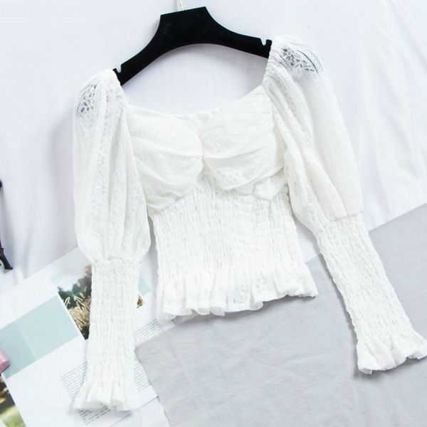 

women's blouses & shirts lady off shoulders chiffon female v-neck lace pleated long lantern sleeved high waist slim folds 2021, White