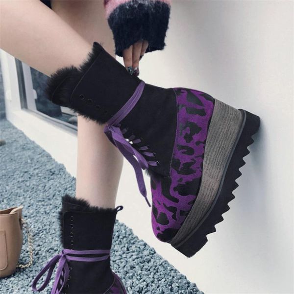 

dress shoes high fashion sneakers women genuine leather wedges heel pumps female lace up winter warm fur snow boots, Black