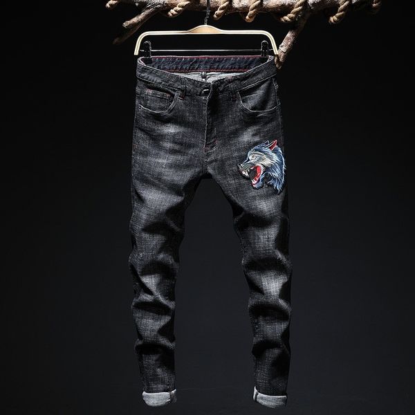 

men's jeans straight men elastic brem pants long-tailed wolf's head denim motorcycle biker plus size streetwear male q667, Blue