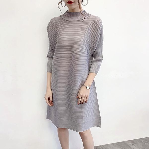 

casual dresses 2021 spring turtleneck women dress pleated fashion design solid loose large size female knee-length tide, Black;gray