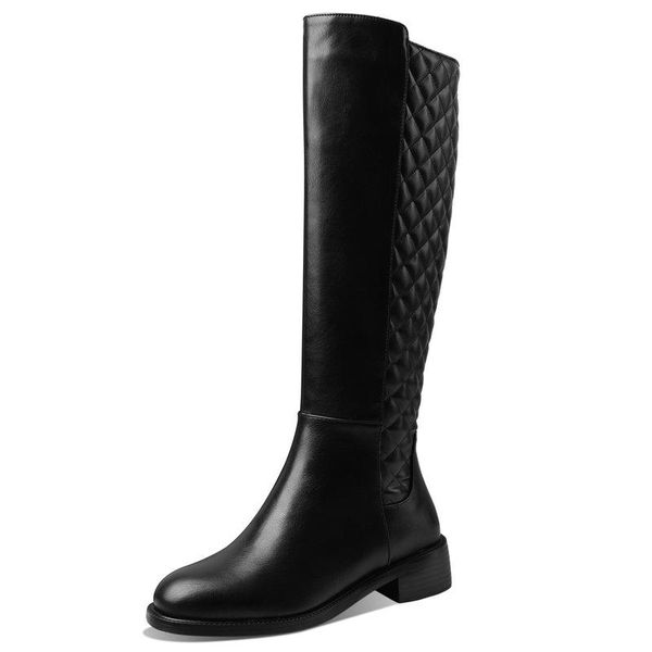 

boots 2021 knee high women low square heels motorcycle shoes autumn winter rouned toe concise long big size 34-43, Black