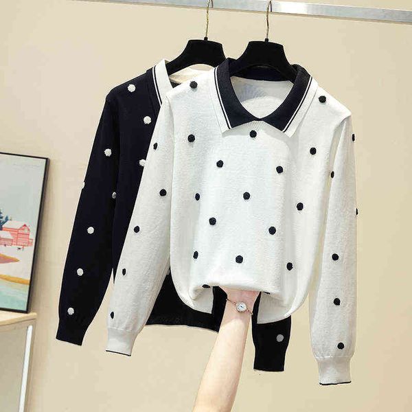 

casual dresses autumn women wear polo collar wave dot white sweater women's long sleeve, Black;gray