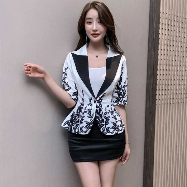 

luxury party evening dress temperament light mature women's 2021 summer chiffon printed suit collar hip wrap shorts two-piece set, White;pink