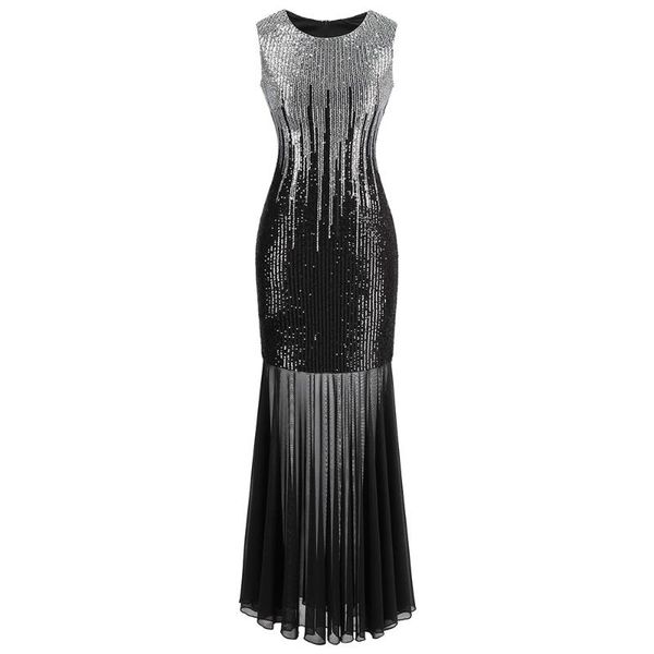 

party dresses angel-fashions women's see through round neck sparkling sequin prom dress long christmas gown silver 458, White;black