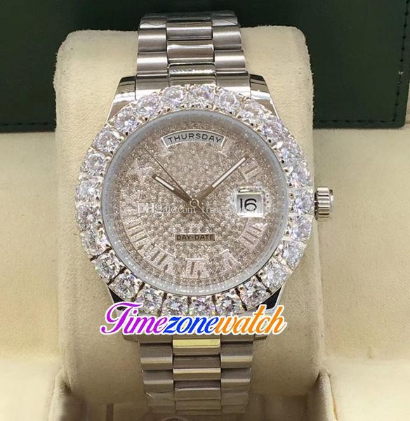 

44mm day date a2813 automatic mens watch big diamond bezel silver gypsophila dial rome markers stainless steel bracelet watches timezonewatc, Slivery;brown