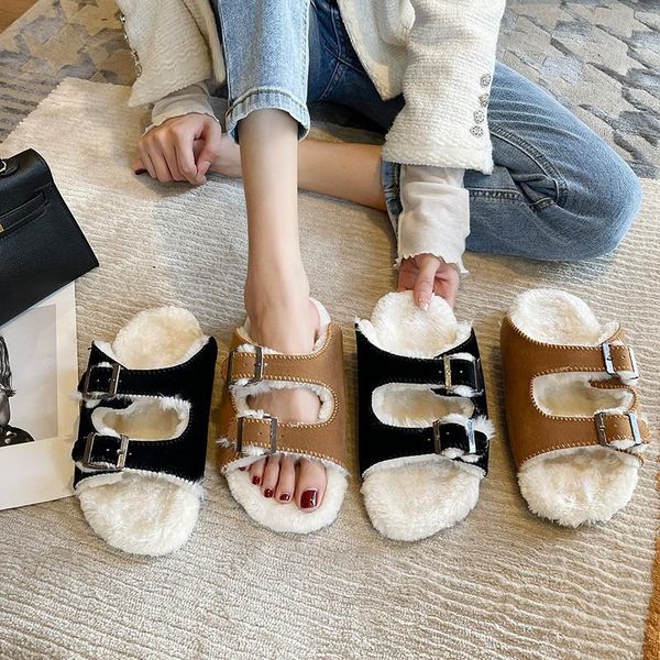 

slippers low shoes ladies' slipers women flock soft 2021 slides rubber fabric basic round toe hoof heels woman's, Black