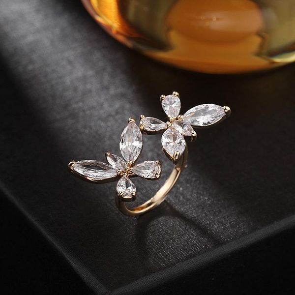 

wedding rings shiny cubic zirconia butterfly for woman accessories,fashion gold color opening ring female gift crystal bowknot jewelry, Slivery;golden