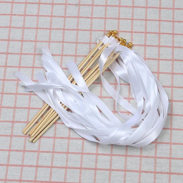 

party decoration 10pcs white wedding delicate ribbon streamers fairy stick cheer props supplies favors with golden bell