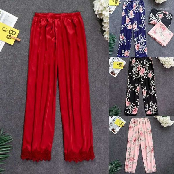 

women's women faux silk pajamas ankle length pants casual loose floral print sleepwear ladies nightwear workout lace homewear1 h2ra, Black;red