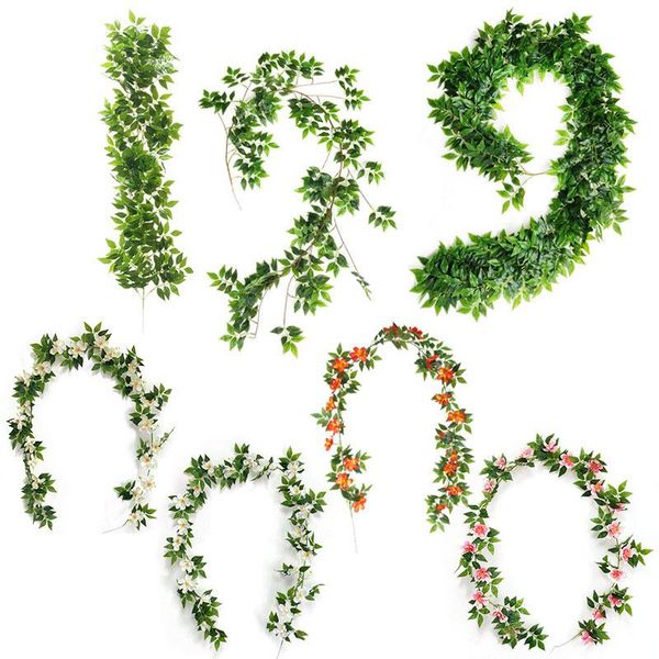 

1p artificial rattan strips wisteria leaves simulation plants green vine fake flower home wedding bar diy garland decorative flowers & wreat
