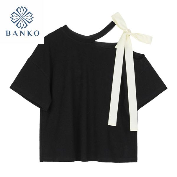 

short sleeve black t shirt women casual one-shoulder bandage design crewneck tide tees 2021 summer loose rok fashion female women's t-, White