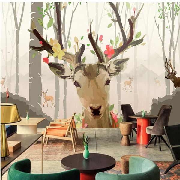 

wallpapers drop wallpaper 3d hand painted sika deer forest art mural tv background wall bedroom restaurant