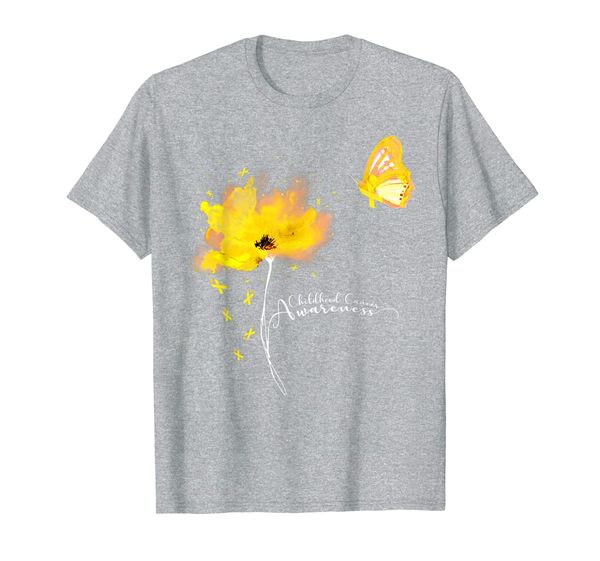 

flower butterfly gold ribbon childhood cancer awareness t-shirt, White;black