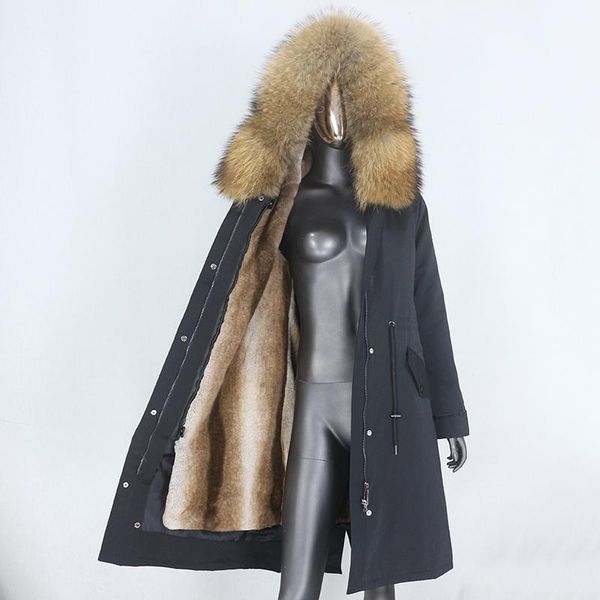 

women's fur & faux bluenessfair x-long waterproof parka winter jacket women real coat natural raccoon collar hood detachable streetwear, Black