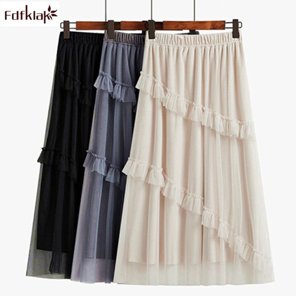 

skirts faldas net yarn a-line skirt female spring autumn s womens mid-length irregular pleated cake women agaf, Black