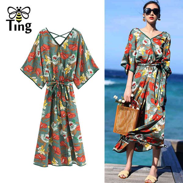 

designer v neck floral print summer wrap arround dress bohemian chic long split vestidos elbise beach robes 210513, Black;gray