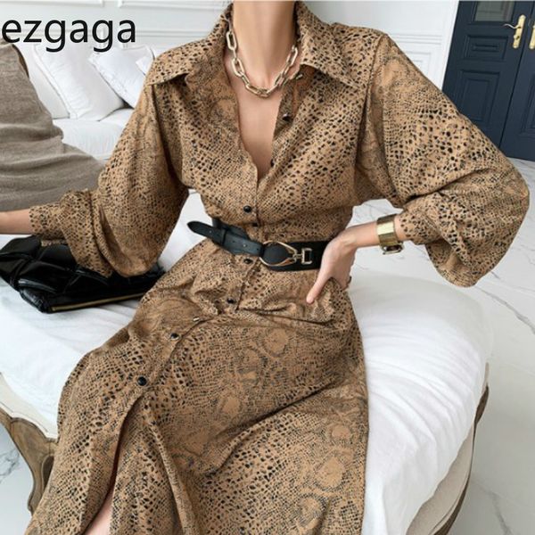 

ezgaga leopard printed dress women korean chic spring fashion turn-down collar loose office lady elegant dress vestidos 210430, Black;gray