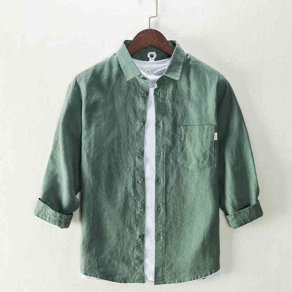 

men's t-shirts spring and summer pure linen three-quarter sleeve brand fashion trendy shirts for men solid breathable shirt male 4rj3, White;black