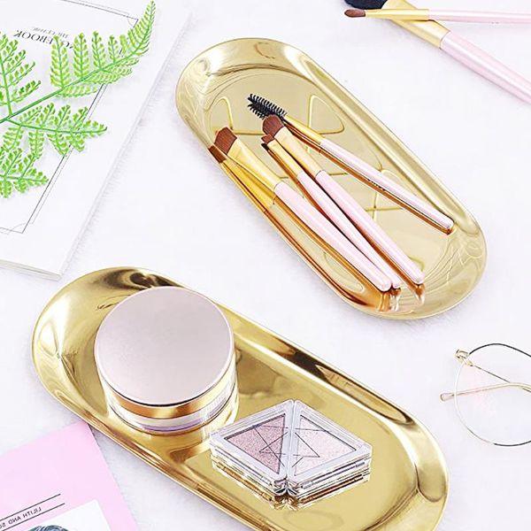 

stainless steel towel tray decorative oval mirrored candle holder cosmetics organizer tea snack plate golden display trays 2pcs kitchen stor