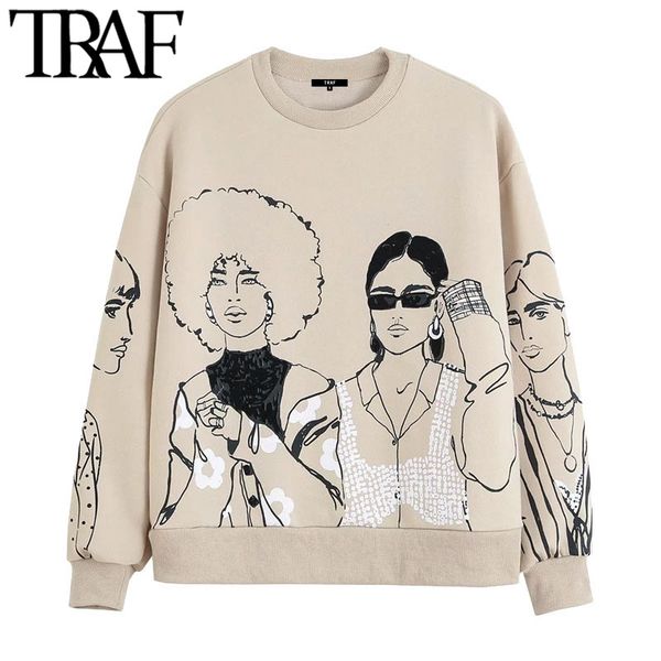 

traf women fashion oversized character print sweatshirt vintage o neck long sleeve female pullovers chic 210415, Black