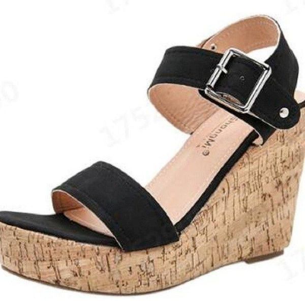 

sandals women's summer style wedges with buckle belt european and american open toe high heels women shoes, Black