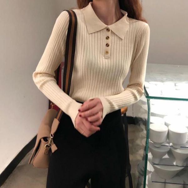 

women's sweaters buttons turn-down pullovers 2021 women sweater basic sweet knit jumper korean pull femme chic elasticity winter, White;black