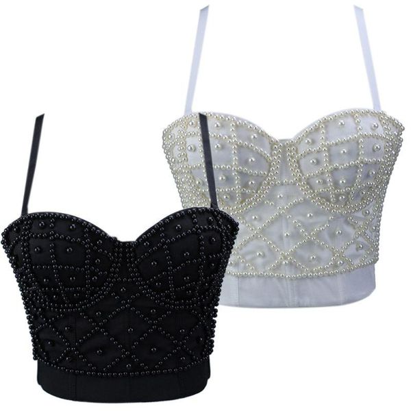 

women's swimwear women summer sleeveless crop imitation pearl beaded bustier adjustable spaghetti straps push up corset night club, White;black
