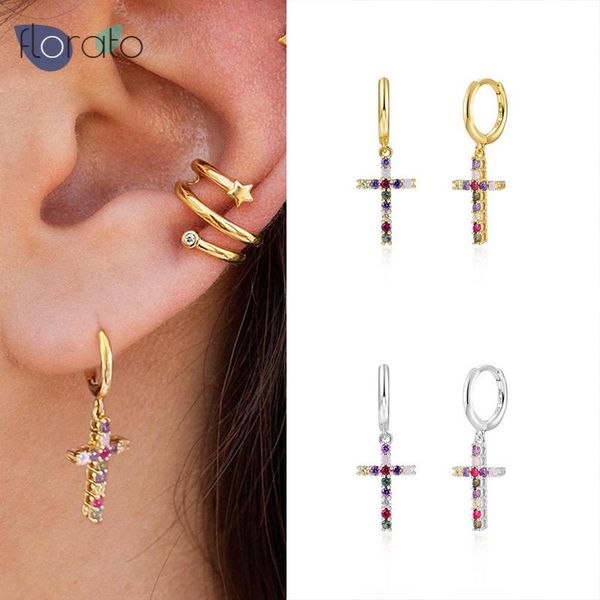 

hoop & huggie cz shiny multicolor crystal pendant cross earrings 925 sterling silver star stage simple punk jewelry huggies, Golden;silver