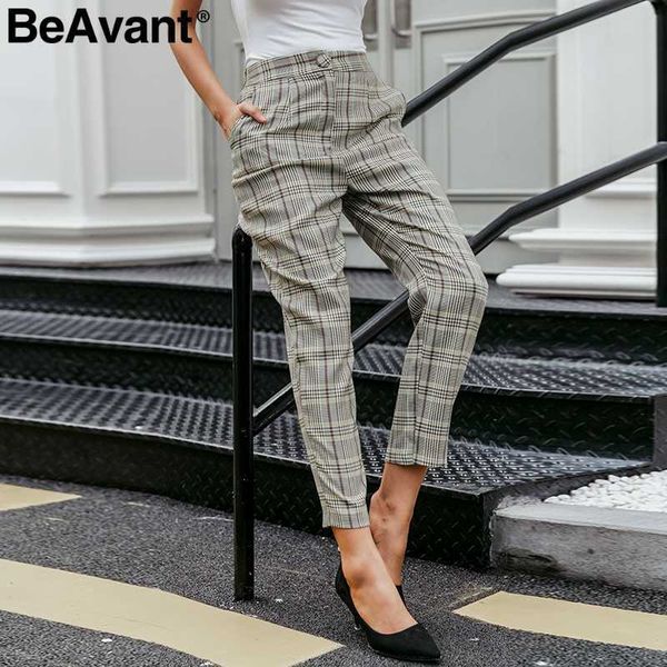 BeAvant Eleganti pantaloni blazer da donna a quadri Casual autunno inverno streetwear pantaloni femminili Pantaloni a vita alta da donna da ufficio adatti 210709