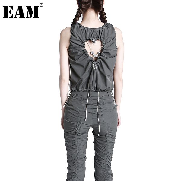 

[eam] women gray pleated hollow out tank o-neck sleeveless personality fashion spring summer 1dd7673 210512, White