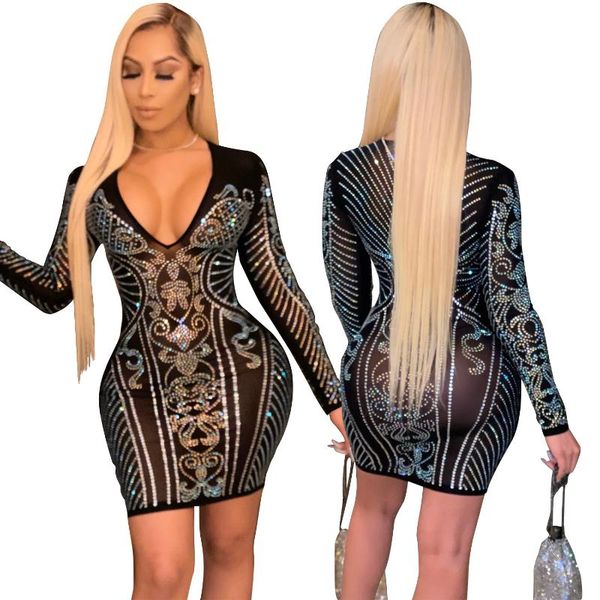 

casual dresses mesh v-neck short dress women long sleeve bodycon with glitter acrylic perspective night club party female fashion cloth, Black;gray