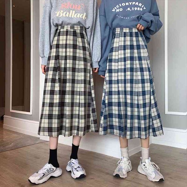 

plaid pleated skirts womens spring summer autumn students korean style loose casual mid-length blue black long a-line skirt